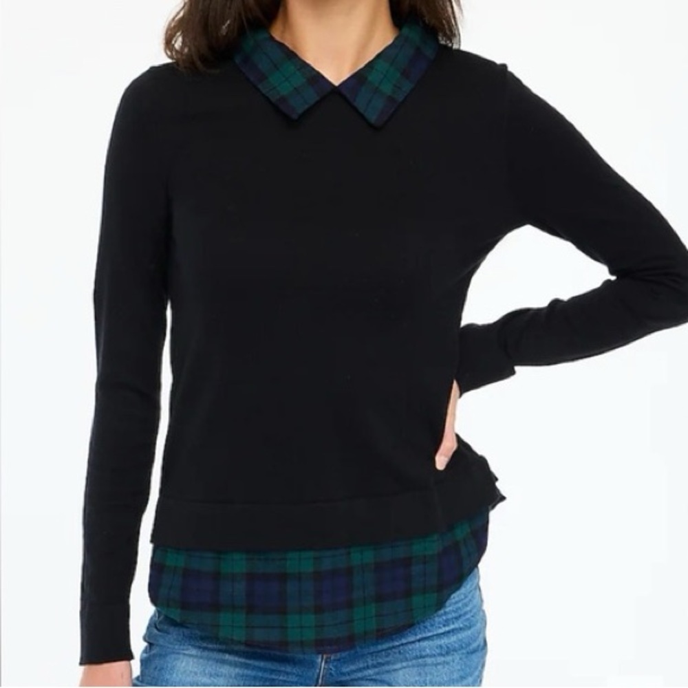 J. Crew Plaid Woven-Collar Sweater Shirt Black Green Colar Soft Medium NWT